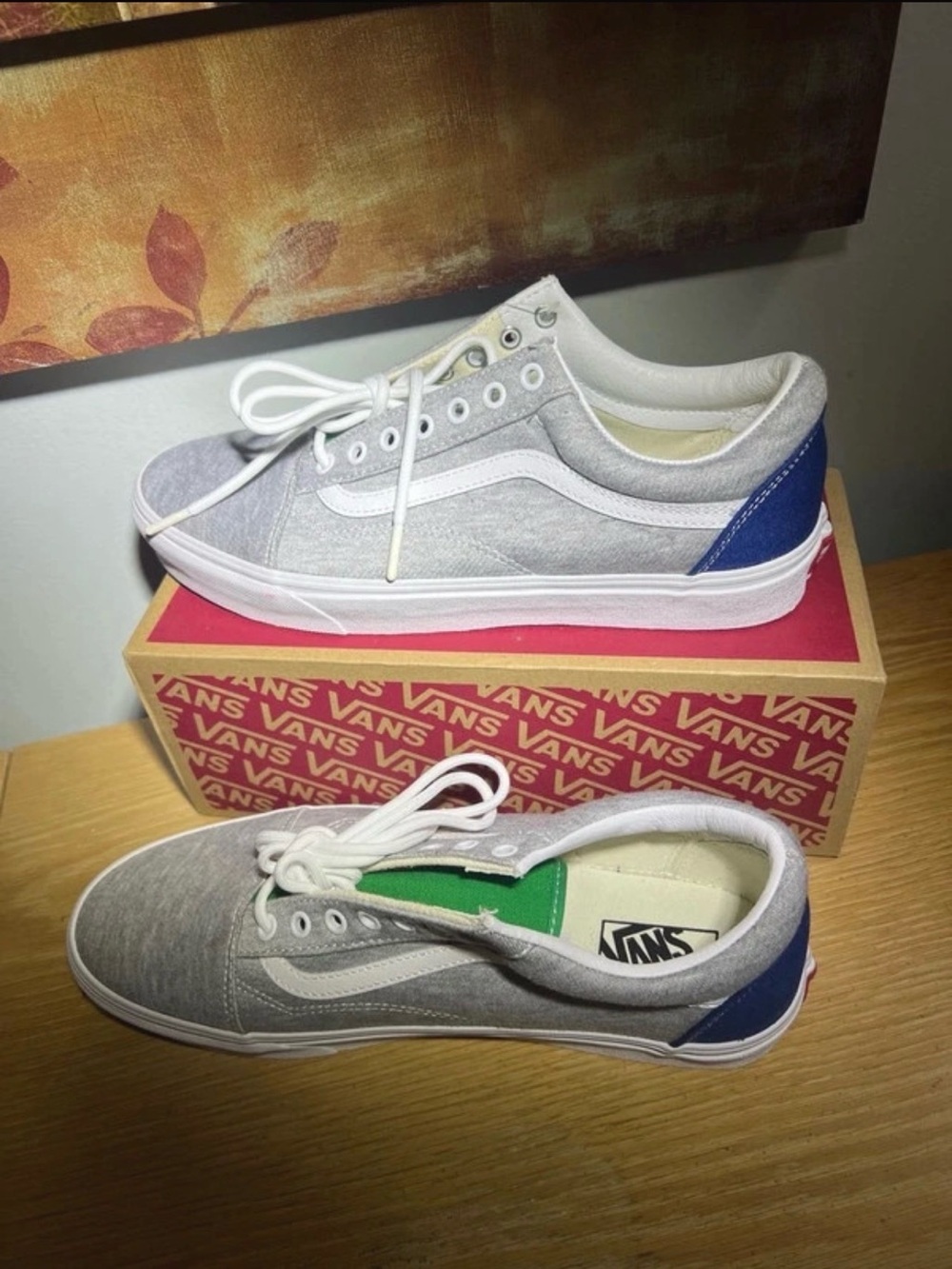 Vans Gray and White Low-Top Sneakers with Blue Heel